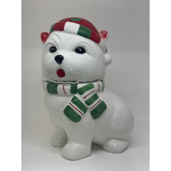 NWD Sleigh Bell Bistro West Highland Terrier "Westie" Glazed Ceramic Cookie Jar - Picture 1 of 8